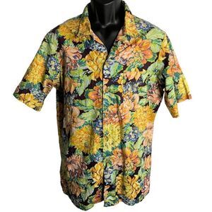 Vintage 70s Paul Howard Button Up Shirt L Purple Floral Short Sleeves Pocket